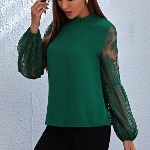Green sheer sleeve lace long sleeve Top Classic - Picture 2 of 8